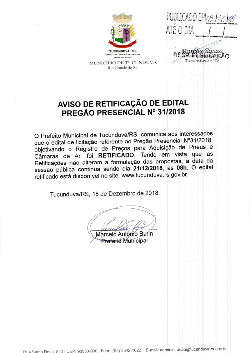 AVISO DE RETIFICAÇÃO DE EDITAL - PREGÃO PRESENCIAL Nº31/2018 - SRP - PNEUS E CÂMARAS DE AR